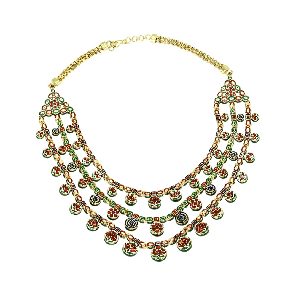 Layered Polki Necklace Set with Red Enamel and Circular Motifs